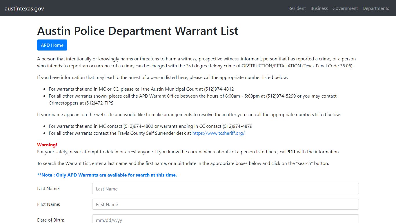 Austin Police Department Warrant List | AustinTexas.gov
